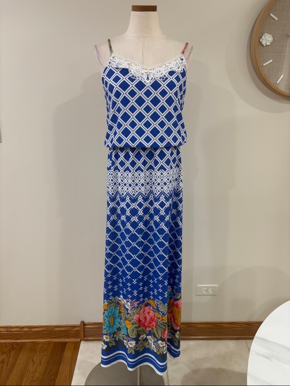 Blue white sundress geometric floral combo Print Maxi Dress lace neck adj straps